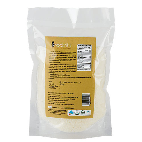 Praakritik Desiccated Coconut Powder - Organic, Unsweetened, Fibre-Rich, Low In Fat, Chemical Free, 200 g Pouch