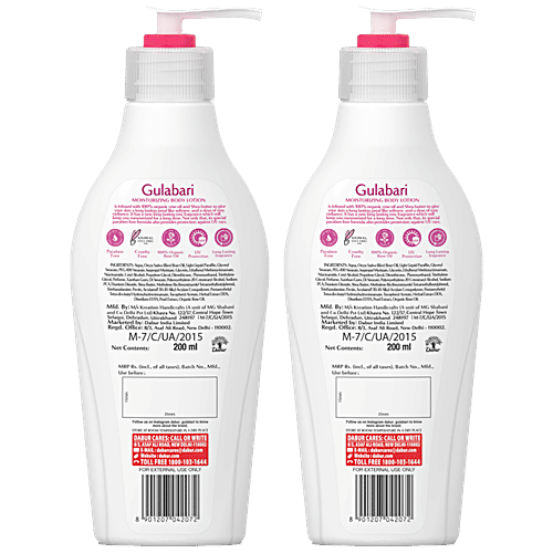 Dabur Gulabari Moisturising Body Lotion - All Day Rose Glow, Petal Soft Skin, 100% Organic Rose Oil & Shea Butter, 200 ml (Pack of 2)