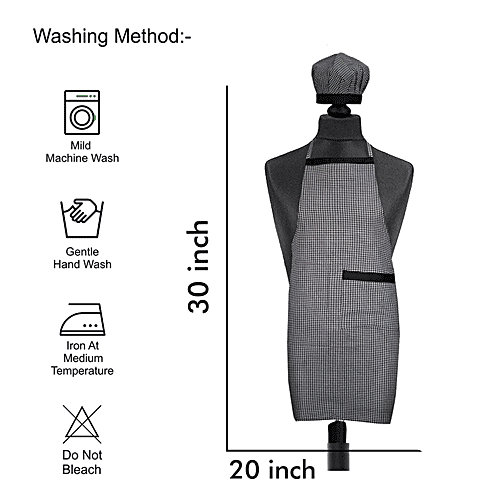 JBG Home Store Kitchen Combo Set - Apron With Front Pocket & Cap, Cotton, Check Pattern, Black, 1 pc