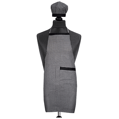 JBG Home Store Kitchen Combo Set - Apron With Front Pocket & Cap, Cotton, Check Pattern, Black, 1 pc