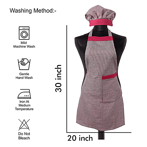 JBG Home Store Kitchen Combo Set - Apron With Front Pocket & Cap, Cotton, Check Pattern, Maroon, 1 pc  