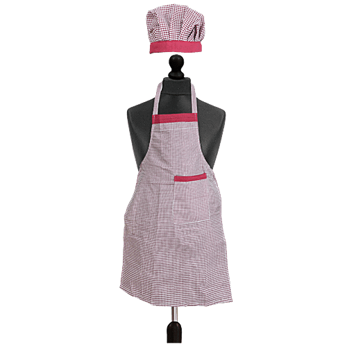 JBG Home Store Kitchen Combo Set - Apron With Front Pocket & Cap, Cotton, Check Pattern, Maroon, 1 pc  