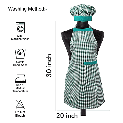 JBG Home Store Kitchen Combo Set - Apron With Front Pocket & Cap, Cotton, Check Pattern, Green, 1 pc  