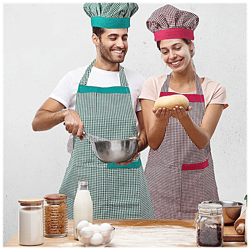 JBG Home Store Kitchen Combo Set - Apron With Front Pocket & Cap, Cotton, Check Pattern, Green, 1 pc  