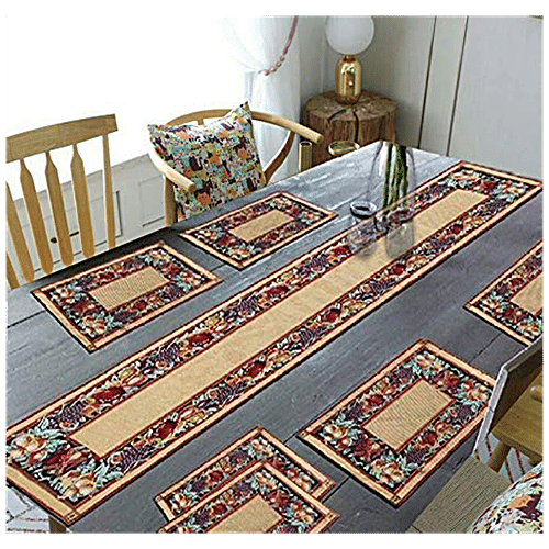 JBG Home Store Dinning Combo - Stylish Designer Jacquard Table Mats, 33 x46 cm, & Table Runner, 33 x 137 cm, Multicolour, Vegetable Design, 7 pcs