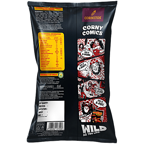 Cornitos Crusties Korean Chilli Puffs, 62 g Funky Zigzag Shape
Zappy Curry Flavour
Savoury and Crunchy