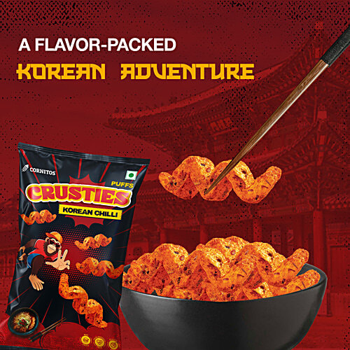 Cornitos Crusties Korean Chilli Puffs, 62 g Funky Zigzag Shape
Zappy Curry Flavour
Savoury and Crunchy