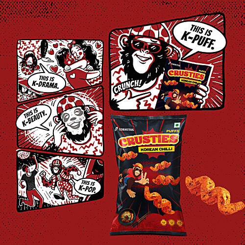 Cornitos Crusties Korean Chilli Puffs, 62 g Funky Zigzag Shape
Zappy Curry Flavour
Savoury and Crunchy