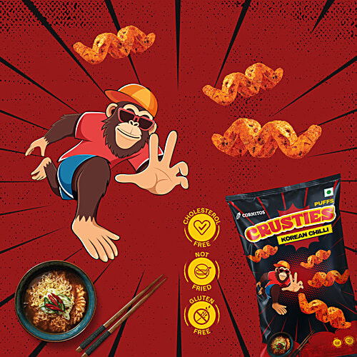 Cornitos Crusties Korean Chilli Puffs, 62 g Funky Zigzag Shape
Zappy Curry Flavour
Savoury and Crunchy