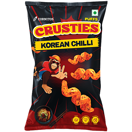 Cornitos Crusties Korean Chilli Puffs, 62 g Funky Zigzag Shape
Zappy Curry Flavour
Savoury and Crunchy