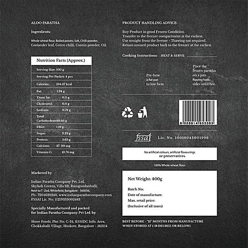 INDIAN PARATHA COMPANY Aloo Paratha - Whole Wheat, Heat To Serve, No Preservatives, 400 g  