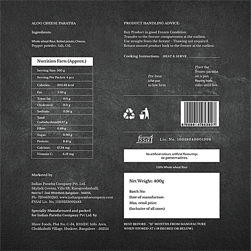 INDIAN PARATHA COMPANY Aloo Cheese Paratha - Whole Wheat, Heat To Serve, No Preservatives, 400 g  