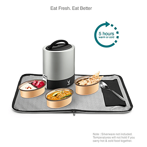 VAYA Stainless Steel Lunch/Tiffin Box - 3 Containers, With Bag Mat, Silver, 1 pc  