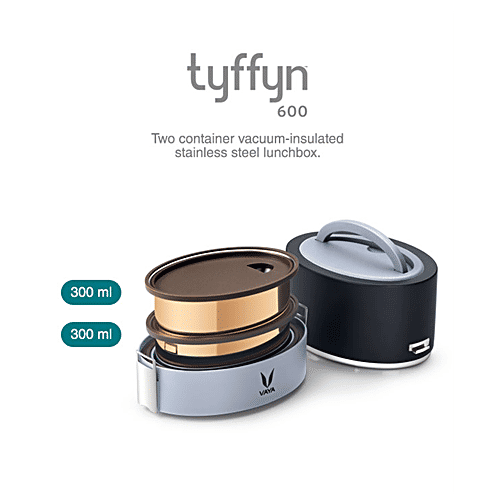 VAYA Stainless Steel Lunch/Tiffin Box - 2 Containers, With Bag Mat, Black, 1 pc  