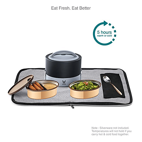 VAYA Stainless Steel Lunch/Tiffin Box - 2 Containers, With Bag Mat, Black, 1 pc  