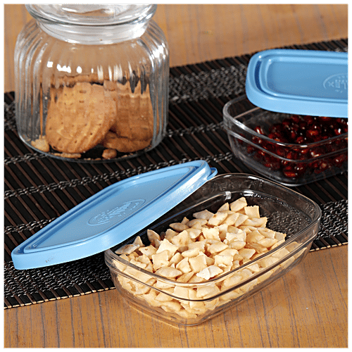 Duralex Freshbox Rectangular - With Blue Lid, Dishwasher, Microwave Safe, 9055AM/2, 370 ml (Set of 2) 