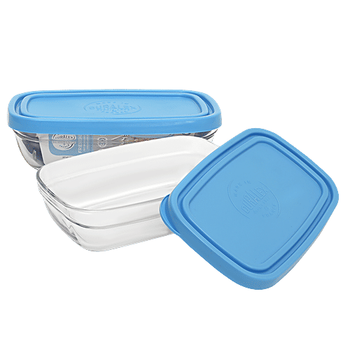 Duralex Freshbox Rectangular - With Blue Lid, Dishwasher, Microwave Safe, 9055AM/2, 370 ml (Set of 2) 