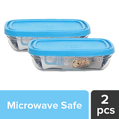 Duralex Freshbox Rectangular - With Blue Lid, Dishwasher, Microwave Safe, 9055AM/2, 370 ml (Set of 2) 