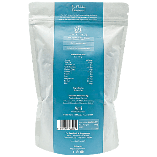 Qualinut Gourmet Rolled Oats - Lower Cholesterol, Rich in Antioxidants, For Gut Health, 500 g Pouch 