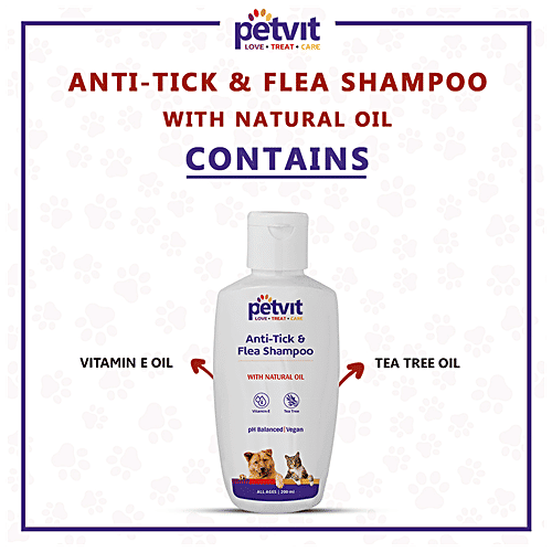 Petvit Anti-Tick & Flea Shampoo - Natural Oil, Vitamin E, Tea Tree, pH Balanced, Vegan, For Dogs, Cats, 200 ml  