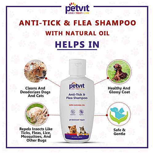 Petvit Anti-Tick & Flea Shampoo - Natural Oil, Vitamin E, Tea Tree, pH Balanced, Vegan, For Dogs, Cats, 200 ml  