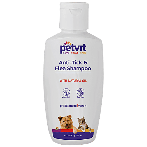 Petvit Anti-Tick & Flea Shampoo - Natural Oil, Vitamin E, Tea Tree, pH Balanced, Vegan, For Dogs, Cats, 200 ml  