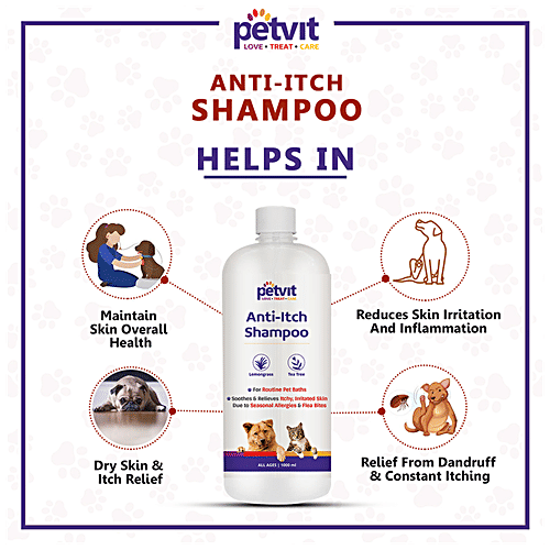 Petvit Anti Itch Shampoo - Lemongrass & Tea Tree, Reduces Skin Irritation, For Dogs, Cats, 1 L  
