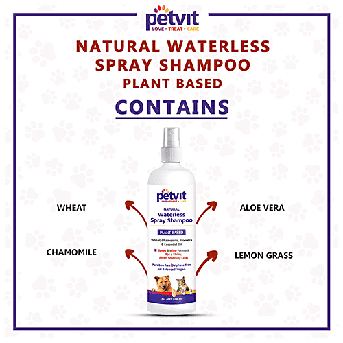 Petvit Natural Waterless Spray Shampoo - Plant Based, No Rinse Formula, For Dogs & Cats, 200 ml
