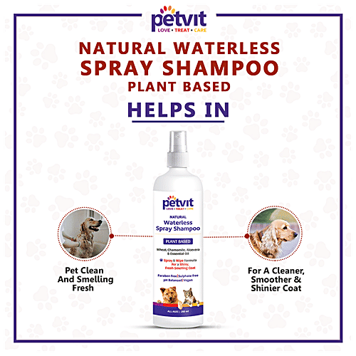 Petvit Natural Waterless Spray Shampoo - Plant Based, No Rinse Formula, For Dogs & Cats, 200 ml