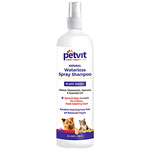 Petvit Natural Waterless Spray Shampoo - Plant Based, No Rinse Formula, For Dogs & Cats, 200 ml