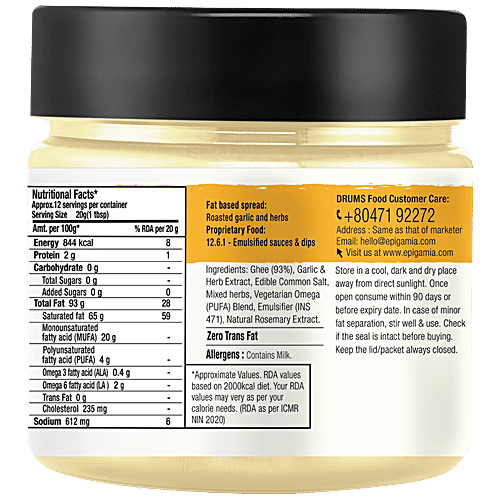 Epigamia  Buttery Spread With Roasted Garlic & Herbs - Omega 3 Rich, Tangy Flavour, 125 g  