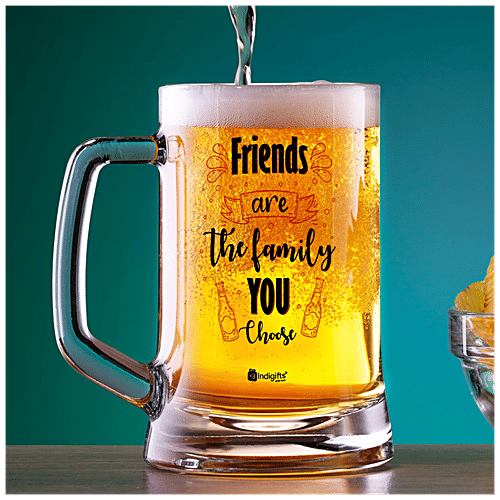 Indigifts Beer Mug - Printed Clear Glass, Multipurpose, Friends Are The Family You Choose, 325 ml  