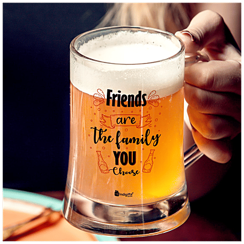 Indigifts Beer Mug - Printed Clear Glass, Multipurpose, Friends Are The Family You Choose, 325 ml  