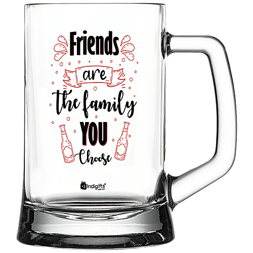Indigifts Beer Mug - Printed Clear Glass, Multipurpose, Friends Are The Family You Choose, 325 ml  