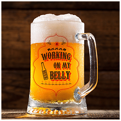 Indigifts Beer Mug - Printed Clear Glass, Multipurpose, Durable, Working On My Belly, 325 ml  