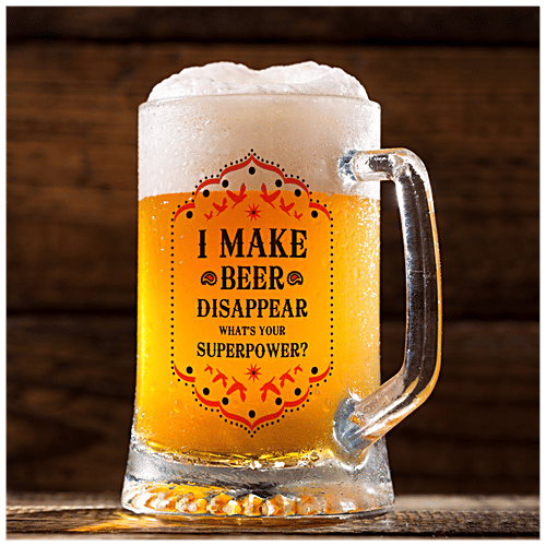 Indigifts Beer Mug - Printed Clear Glass, Multipurpose, I Make Beer Disappear, What's Your Superpower?, 325 ml  