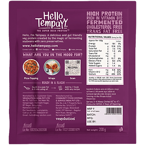 Hello Tempayy Spicy Peri Peri Tempeh Cubes - Clean, Lean Protein, Makes Rolls & Salads, 200 g  40g Protein Packed, Low Fat, Low Carbs, Fiber Rich