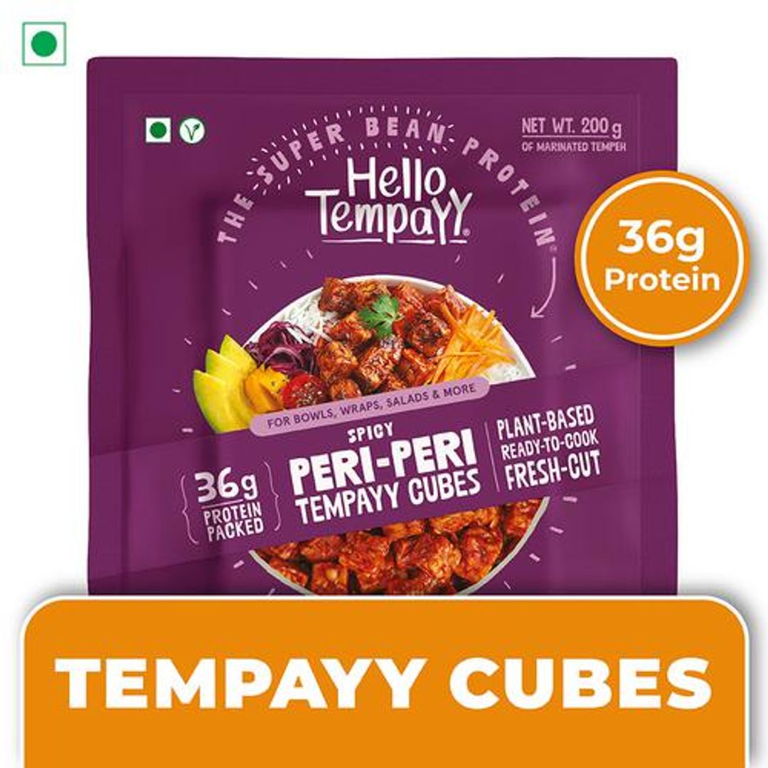 Hello Tempayy Spicy Peri Peri Soyabean Tempeh Cubes - Rich In Protein, Makes Rolls & Salad, 200 g Pouch