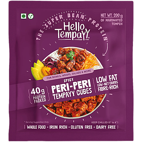 Hello Tempayy Spicy Peri Peri Tempeh Cubes - Clean, Lean Protein, Makes Rolls & Salads, 200 g  40g Protein Packed, Low Fat, Low Carbs, Fiber Rich