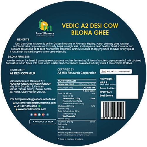 Farm2Mamma Vedic A2 Desi Cow Bilona Ghee - Rich In Omega-3 & Protein, For Healthy Heart, 1 L  