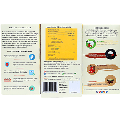 Farm2Mamma Vedic A2 Desi Cow Bilona Ghee - Rich In Omega-3 & Protein, For Healthy Heart, 1 L  
