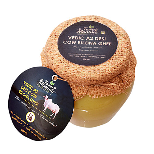 Farm2Mamma Vedic A2 Desi Cow Bilona Ghee - Rich In Omega-3 & Protein, For Healthy Heart, 500 ml