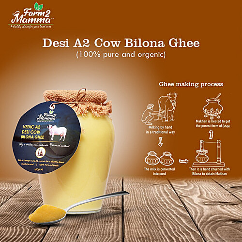 Farm2Mamma Vedic A2 Desi Cow Bilona Ghee - Rich In Omega-3 & Protein, For Healthy Heart, 500 ml