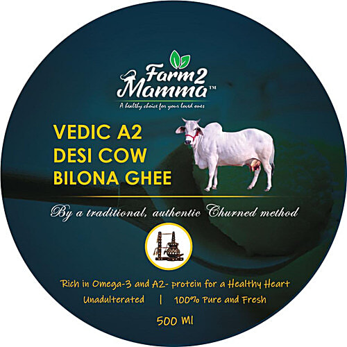 Farm2Mamma Vedic A2 Desi Cow Bilona Ghee - Rich In Omega-3 & Protein, For Healthy Heart, 500 ml