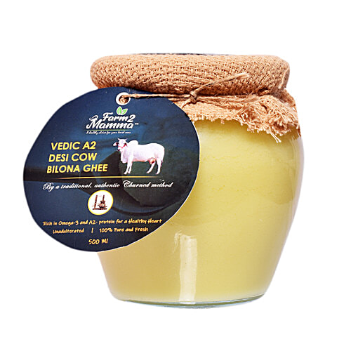 Farm2Mamma Vedic A2 Desi Cow Bilona Ghee - Rich In Omega-3 & Protein, For Healthy Heart, 500 ml