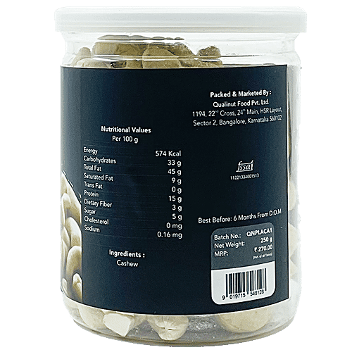 Qualinut Gourmet Jumbo Plain Cashews - High In Protein, Rich In Vitamin E, Boosts Immune System, 250 g  