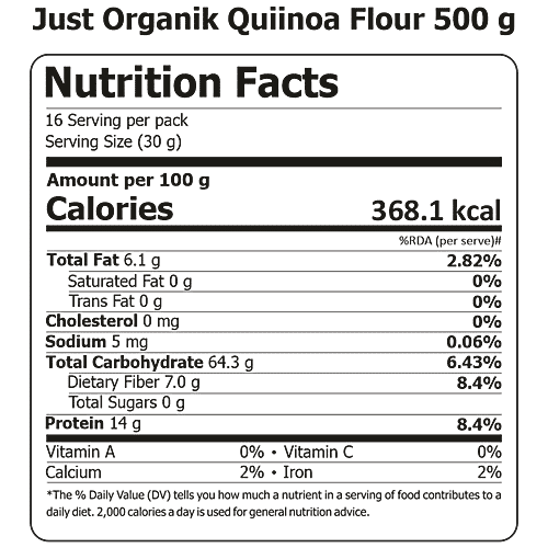 Just Organik Quinoa White Flour - High In Fibre & Protein, For Weight Management, 500 g Pouch