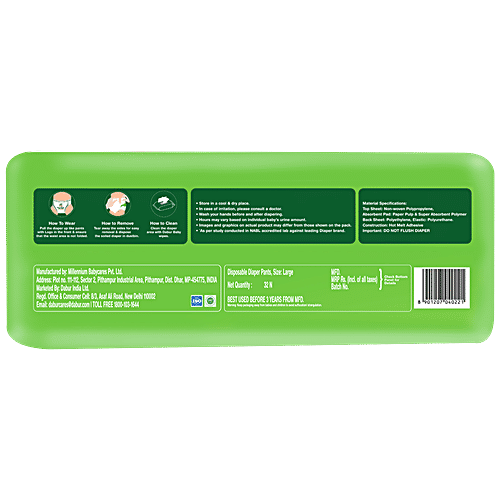 Dabur Baby Diapers - Natural Skin Protection, Insta-Absorb Technology, 12 Hrs Leakage Prevention, Large Size, 32 pcs  