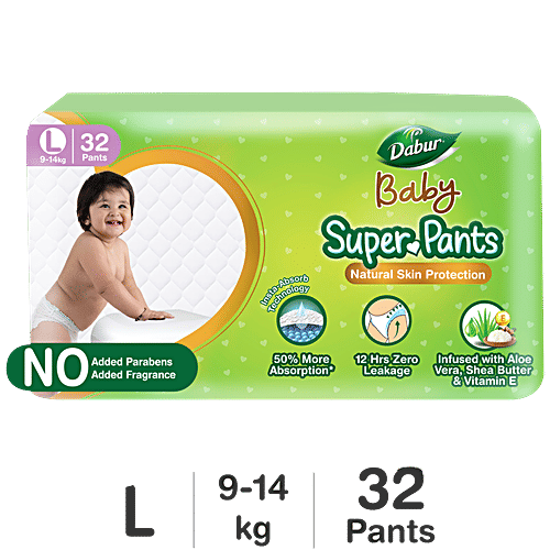 Dabur Baby Diapers - Natural Skin Protection, Insta-Absorb Technology, 12 Hrs Leakage Prevention, Large Size, 32 pcs  