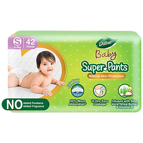 Dabur Baby Diapers - Natural Skin Protection, Insta-Absorb Technology, 12 Hrs Leakage Prevention, Small Size,, 42 pcs  